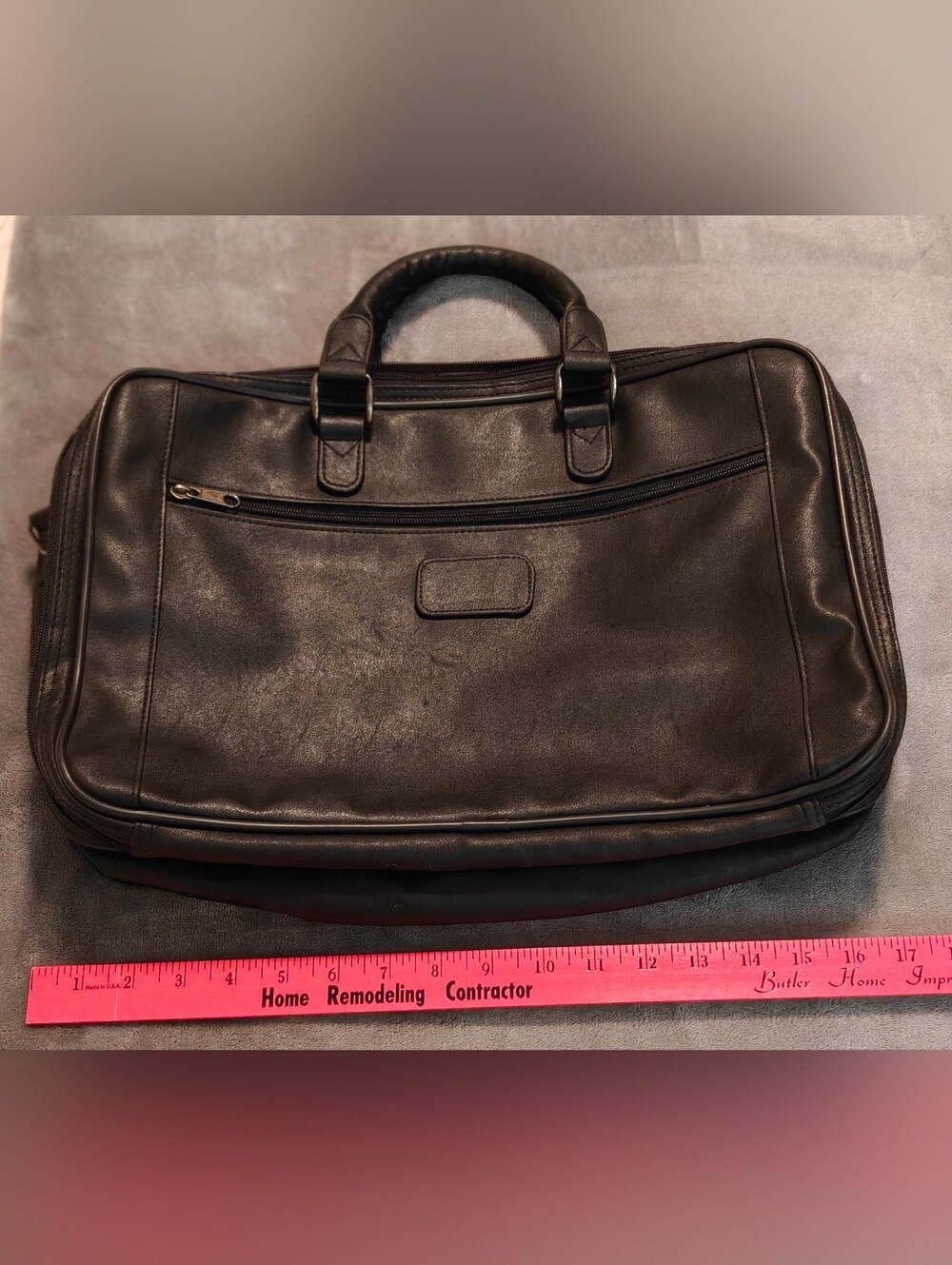 Black Leather Men's Briefcase with Front Zip Pocket